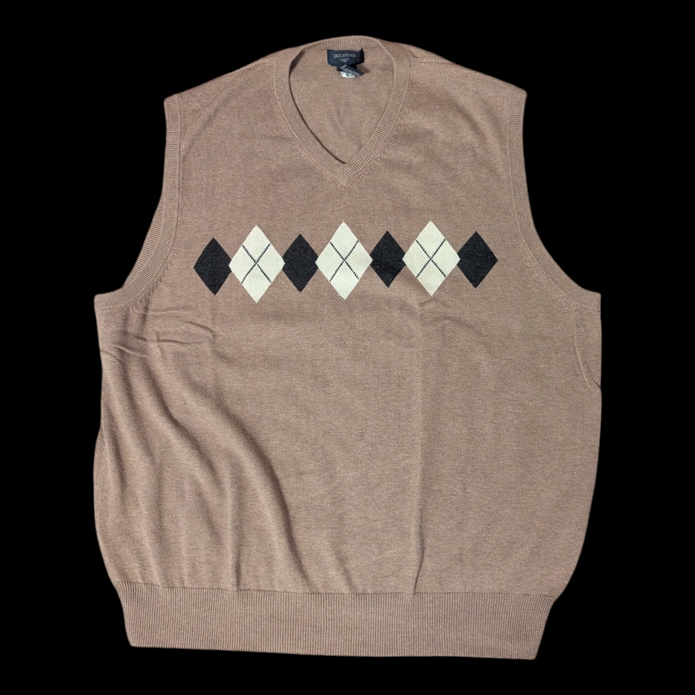 VTG Preppy Dockers Tan Argyle Cotton Lightweight V-Neck Pullover Sweater Vest